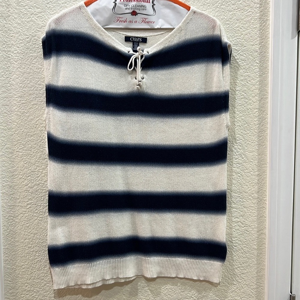Chaps Denim Navy and Ivory Striped Top with Front Rope Closure